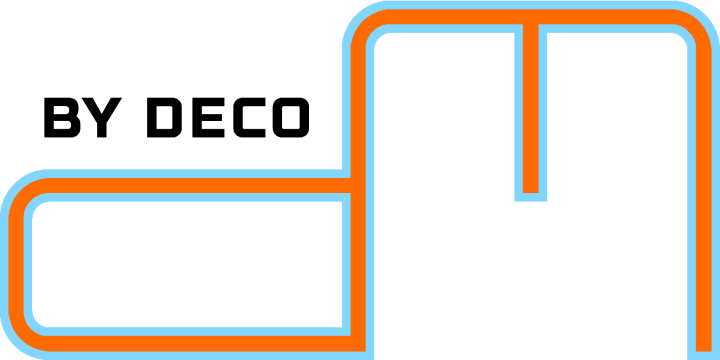 D.M. by Deco large transparent logo in orange and blue full color.