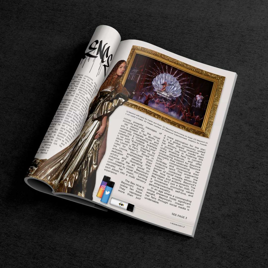iD magazine page spread mockup against a concrete background.